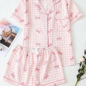 SHEIN Pink Checkered Bow Pajama Set